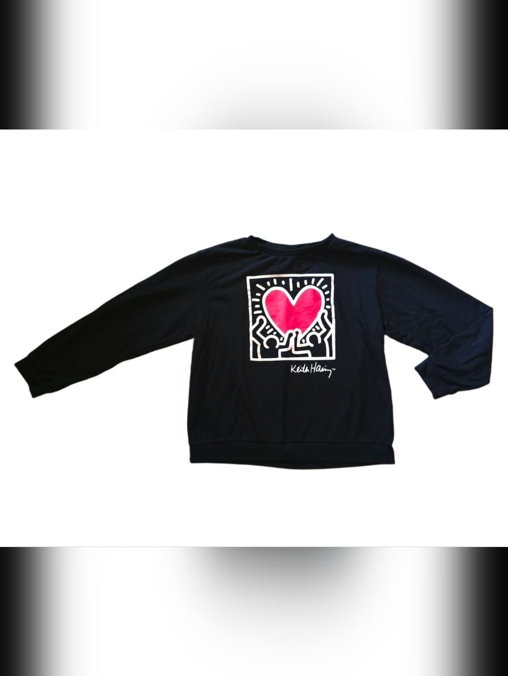 Keith Haring Heart Graphic Long Sleeve Sweatshirt Tee - Black & Red - Large